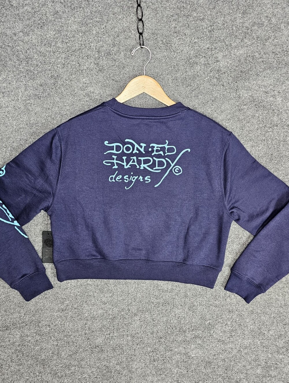 Ed Hardy Y2K Tattoo Koi Fish Cropped Fleece Crewneck Sweatshirt Navy Blue L